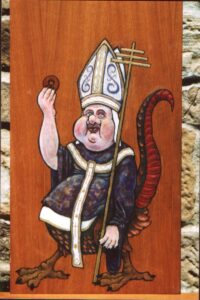 Pintura sobre madera en estilo medieval de un obispo católico obeso con mitra blanca y dorada, vestiduras doradas y cuerpo de dragón