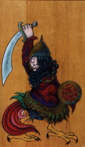 Pintura sobre madera en estilo medieval de un guerrero árabe con patas de gallina, espada, casco y escudo