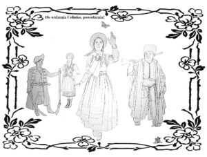 Dibujo a lápiz y digital de dos hombre y dos mujeres con trajes tradicionales polacos