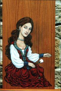 Pintura sobre madera en estilo medieval de una Dama vestida en gules, plata y azur, con cabello largo, collar de perlas y rosa blanca