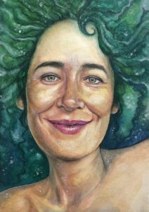 Retrato a la acuarela de un rostro de mujer con cabello verde