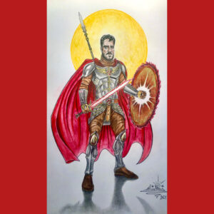 Dibujo de un guerrero espartano-mandaloriano sin casco