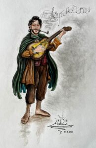Dibujo de un hobbit músico con guitarra eléctrica
