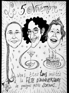 Invitación de tres cumpleañeros escorpio estilo caricatura