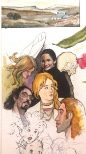 Composición con varios rostros y elementos simbólicos en acuarela