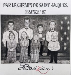 Caricatura a lápiz de los ocho integrantes del Coro Brizia