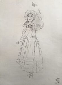Dibujo a lápiz de mujer con vestido tradicional polaco
