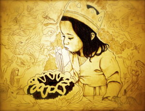 Ilustración en negro y dorado de niña soplando velas rodeada de seres fantásticos