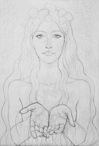 Figura femenina con corona de flores fluyendo agua de sus manos