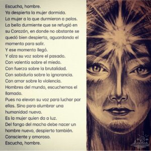 Retrato femenino con símbolo luminoso en la frente y poema sobre despertar femenino y nueva humanidad