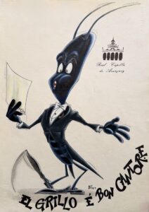 Grillo cantor con frac y partitura