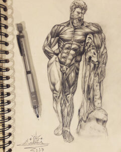 Dibujo a lápiz de la escultura Hércules Farnesio