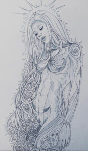 Dibujo a lápiz de figura femenina estilizada con cabello orgánico y formas oníricas