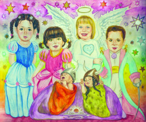 Ilustración en color de cuatro niños y dos bebés en fiesta de disfraces