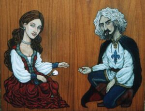 Pintura sobre madera en estilo medieval de una dama sentada vestida en gules, plata y azur y su caballero semiarrodillado vestido con capa negra y camisa blanca con flor de Lys azul