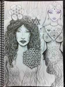 Composición con figuras femeninas y geometría sagrada