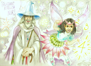 Ilustración en color de un mago y una hadita niña