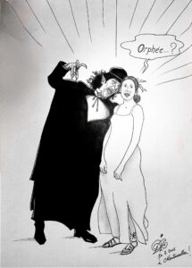 Caricatura de vampiro y doncella