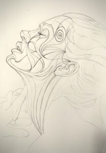 Dibujo a lápiz de rostro femenino de perfil con líneas orgánicas y formas abstractas