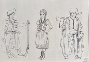 Dibujo de dos hombres y una mujer con indumentaria tradicional de Polonia