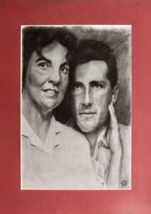 Retrato a lápiz de un hombre y una mujer de mediana edad