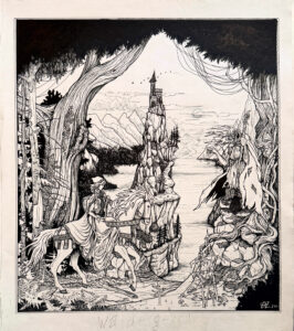 Dibujo a tinta de una joven a caballo perdida en un bosque, que se encuentra con una bruja