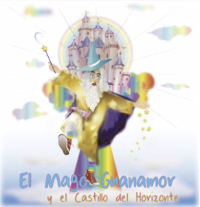 Ilustración digital en color del Mago Guanamor, de barbas y cabellos blancos y largos, con gafas, sombre puntiagudo celeste, túnica dorada, zapatillas Converse rojas, y varita mágica, caminando sobre un arco iris que nace a lo lejos en su castillo que flota sobre una nube en el horizonte