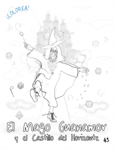 Dibujo digital en blanco y negro del mago Guanamor de barbas y cabellos blancos y largos, con gafas, sombrero puntiagudo, túnica, zapatillas Converse, y varita mágica, caminando sobre un arco iris que nace a lo lejos en su castillo que flota sobre una nube en el horizonte