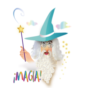 Ilustración digital en color de la cabeza del mago Guanamor con sombrero puntiagudo, gafas, cabellos y barbas blancos y una varita en la mano