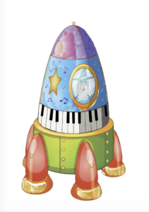 Ilustración digital en color de un cohete espacial com un teclado de piano inserto en su perímetro y un mago asomando por su ventana
