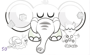 Dibujo digital en blanco y negro de Chipirisblustio el cocoleyo, Fontiluno crecido y el Profesor Caracoleyo