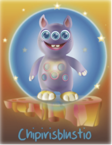 Ilustración digital en color de Chipirisblustio el cocoleyo, extraterrestre de piel violeta con tres ojos