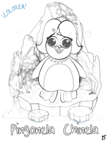 Dibujo digital en blanco y negro de Pingonela Chinela, la pingüina chilena