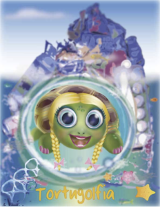 Ilustración digital en color de Tortugolfia, la tortuga mexicana del "golfio" de México