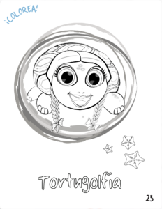 Dibujo digital en blanco y negro de la tortuga Tortugolfia