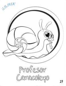 Dibujo digital en blanco y negro del profesor Caracoleyo, caracol argentino del Aconcagua