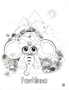 Dibujo digital en blanco y negro de Fontiluno, elefante enano de los Himalayas en La India