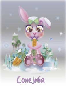 Ilustración digital en color de Conejulia, coneja rusa y rosa