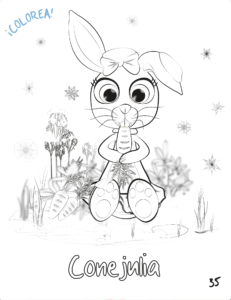 Dibujo digital en blanco y negro de Conejulia, coneja rusa y rosa