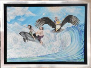 Pintura de una familia surcando el mar sobre un delfín saltando y un águila en vuelo sobre una gran ola, bajo un cielo luminoso.
