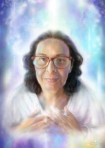 Ilustración digital de mujer envuelta en luz espiritual