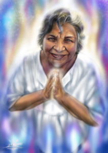 Ilustración digital de mujer envuelta en luz espiritual