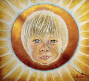Pintura de un rostro infantil integrado en un sol luminoso, con una estética simbólica y espiritual.