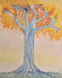 Árbol fantástico de tronco azul y copa de hojas de oro