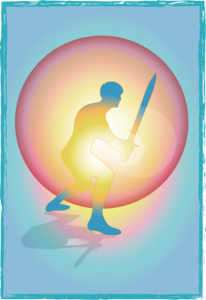 Silueta de figura con espada rodeada de un círculo de luz