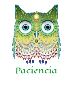 Ilustración digital del torso de un búho decorado con figuras geométricas en tonos verdes