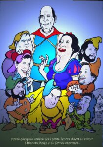 Ilustración digital de 7 mujeres y un hombre disfrazados de Blancanieves y los 7 enanitos