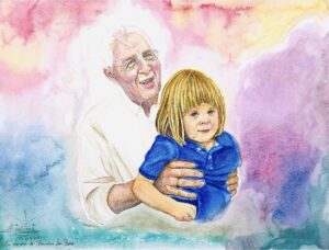 Retrato en acuarela de un abuelo con su nieto