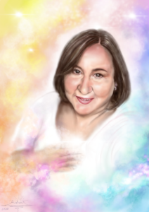 Ilustración digital de mujer envuelta en luz espiritual