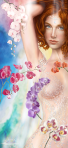 Ilustración digital de mujer pelirroja con filigrana bordada sobre el cuerpo, orquídeas y fondo de acuarela